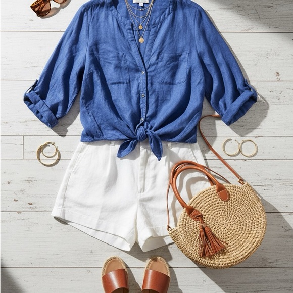 Emily Daniels Tops - Emily Daniels Blue Linen Blend Roll-Tab Top XL